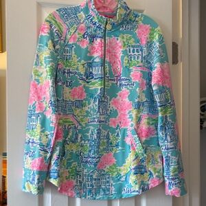 Lilly Pulitzer Bright Scenic Print Quarter-Zip Pullover - Pink & Aqua